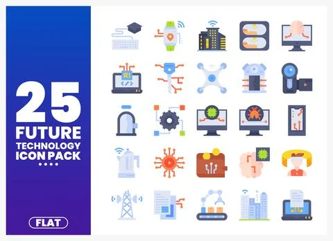 Flat design future technology icons pack with AI and VR elements. Stock Illustration