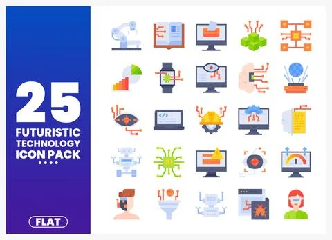 Flat design futuristic technology icon set with AI. robots and coding Stock Illustration