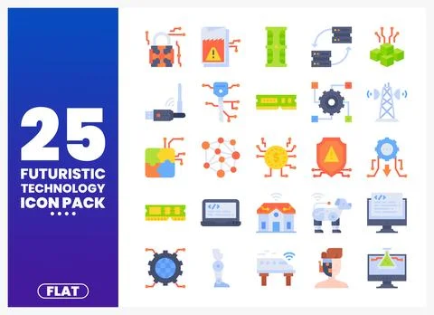 Flat design futuristic technology icons including security. AI. and data. o.. Stock Illustration