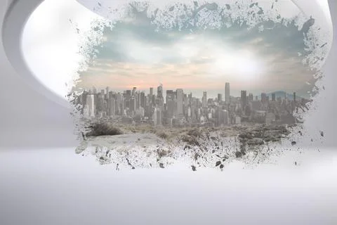 Flat design gallery interior is framing skyline with paint-splatter opening Ilustração Stock