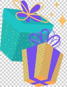 Flat design gift boxes are floating on transparent bg with gold bows, purple Stock Illustration