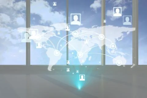 Flat design global network map is projecting on office windows, showing Stockillustratie