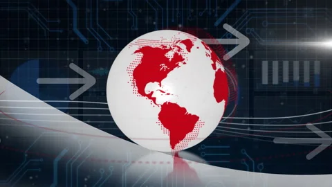 Flat design globe rotating in data grid scene, with circuit lines, arrows, Stock Footage 309285886