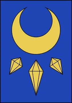 Flat design golden crescent is hovering with three faceted crystals below on 库存插图