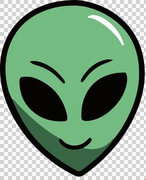 Flat design green alien head showing bold outline, glossy highlight, smile, Stock Illustration