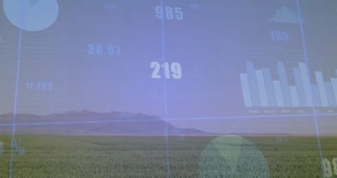 Flat design green crops extending toward mountain with transparent data charts Video stock 328642695
