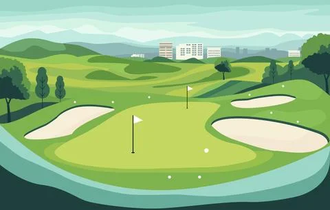 Flat Design of Green Golf Field Course with Cityscape in Bright Day 스톡 일러스트