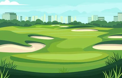 Flat Design of Green Golf Field Course with Cityscape in Bright Day イラスト素材