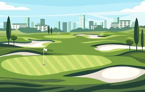 Flat Design of Green Golf Field Course with Cityscape in Bright Day 스톡 일러스트