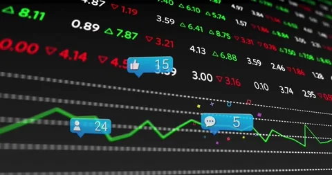 Flat design green line graph moving across dark grid, showing numeric values and Video stock 329926993