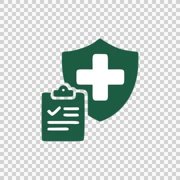 Flat Design Green Shield With Plus Symbol And Clipboard Checkmark Icon Stock Illustration