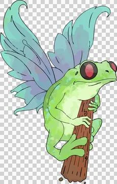 Flat design green tree frog is growing pastel butterfly wings on brown branch, Illustrazione stock