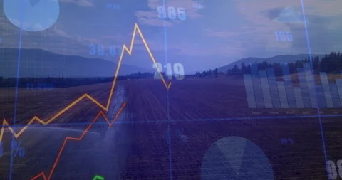 Flat design grid appearing, charts animating over field, lines zigzagging upward Stock Footage 311604339