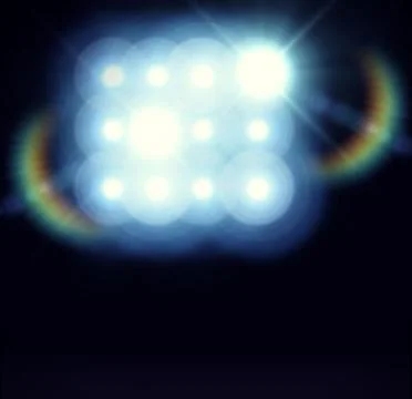 Flat design grid of floodlight fixtures is casting blue-white lens flares Stock Illustration