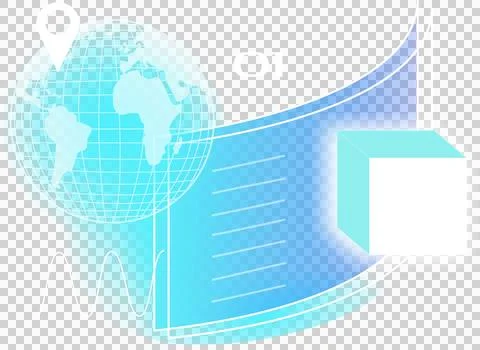 Flat design grid globe is featuring pin, data waves, glowing 3D cube on Stock Illustration