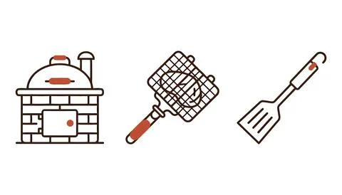 Flat design grill tools set with pizza stone Vector Stock Illustration