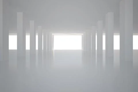 Flat design hall is featuring tall pillars reflecting on glossy floor leading to 스톡 일러스트