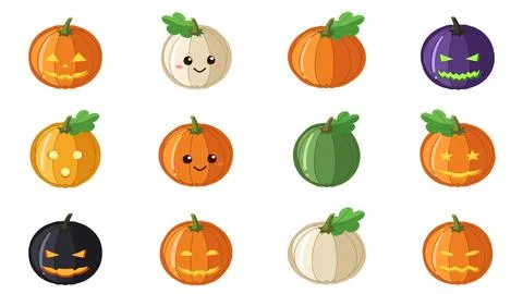 Flat design Halloween pumpkins set, cute and carved, isolated Stock-Illustration