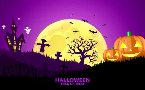 Flat design hand drawn spooky halloween graveyard and pumpkin silhouette ba.. Stock Illustration