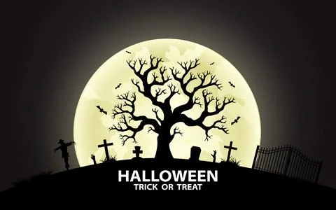 Flat design hand drawn spooky halloween graveyard and pumpkin silhouette ba.. Stock Illustration