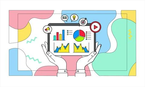 Flat design hands holding tablet with colorful business graphs and charts Stock Illustration