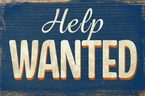 Flat design help wanted sign is sitting on blue board, showing off-white text Stock Photos