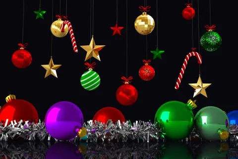 Flat design holiday baubles, candy canes and stars are hanging over tinsel Stock Illustration