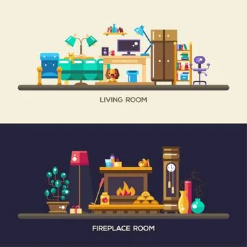 Flat design home interior banners, headers set Stock Illustration