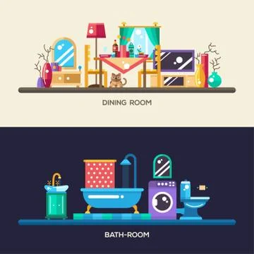 Flat design home interior banners, headers set Stock Illustration