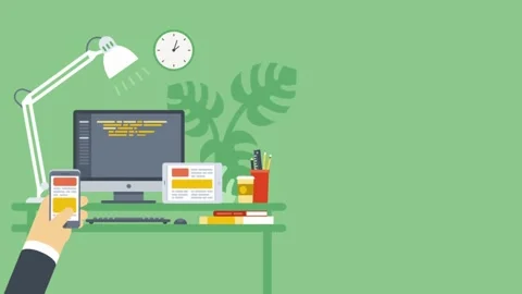 Flat design home office desk with computer and smartphone lamp clock Stock Footage 320782871