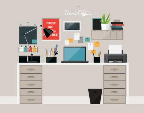 Flat  design of  home office interior with desk and laptop Stock Illustration