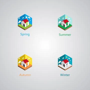 Flat design of a house during all of the Season Stock Illustration