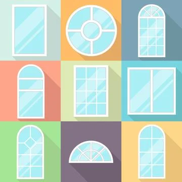 Flat design house windows icons set with long shadows on colorful pastel Illustrazione stock