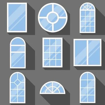 Flat design house windows icons set with long shadows on dark grey backgrounds Illustrazione stock