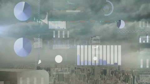 Flat design HUD elements floating over urban skyline from rooftop view, Stock Footage 329580097