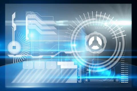 Flat design HUD overlay displaying radial gauge, schematic pathways and data Stock Illustration