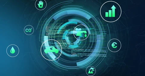 Flat design HUD rotating around center, displaying code blocks, metric icons Stock Footage 307884691