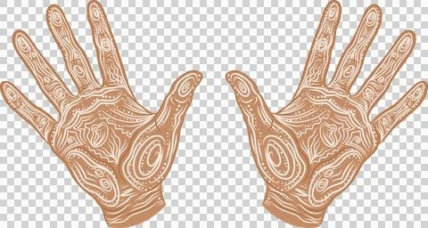 Flat design human palms are featuring white contour line and dot patterns on Stock Illustration