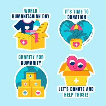 Flat Design Humanitarian Day Template with Cartoon Drawing Label Elements Illustrazione stock