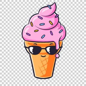 Flat design ice cream cone is wearing sunglasses, sporting sprinkles on Stock Illustration