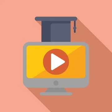 Flat design icon of a computer with a graduation cap and play button on screen 스톡 일러스트