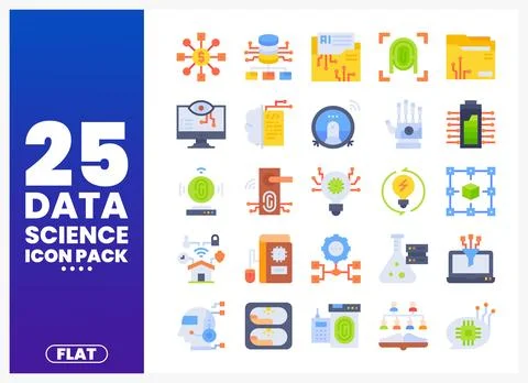 Flat design icon pack for data science concepts displayed on a blue and pur.. Stock Illustration