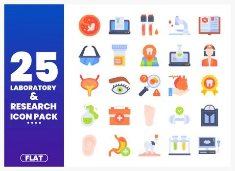 A flat design icon pack of laboratory and research symbols. Stock Illustration