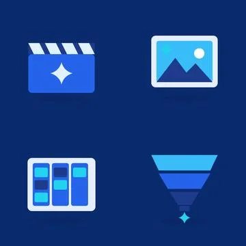 Flat design icon set of four video editing and workflow elements: clapperboard, Ilustração Stock
