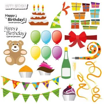 Flat Design Icon Set Happy Birthday Party Illustrazione stock