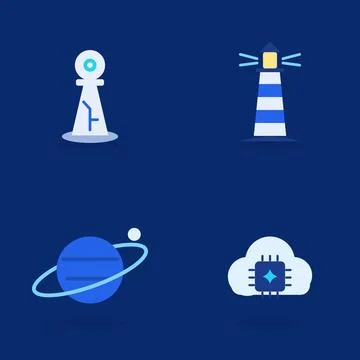 Flat design icon set with lighthouse, ringed planet, cloud computing chip and Stock Illustration