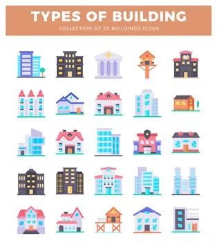 Flat design icons of 25 building types for architectural and urban planning.. Ilustración de archivo