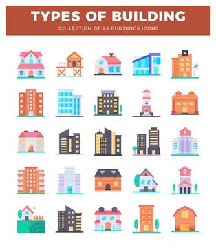 Flat design icons of 25 building types arranged in a grid on white background Ilustración de archivo