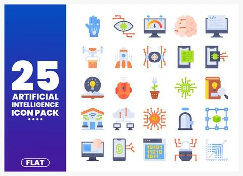 Flat design icons for artificial intelligence and technology themes present.. 스톡 일러스트