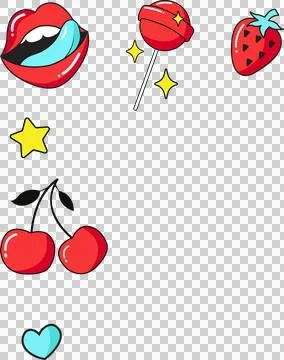Flat design icons on clear background showing red lips, lollipop, strawberry, Stock Illustration